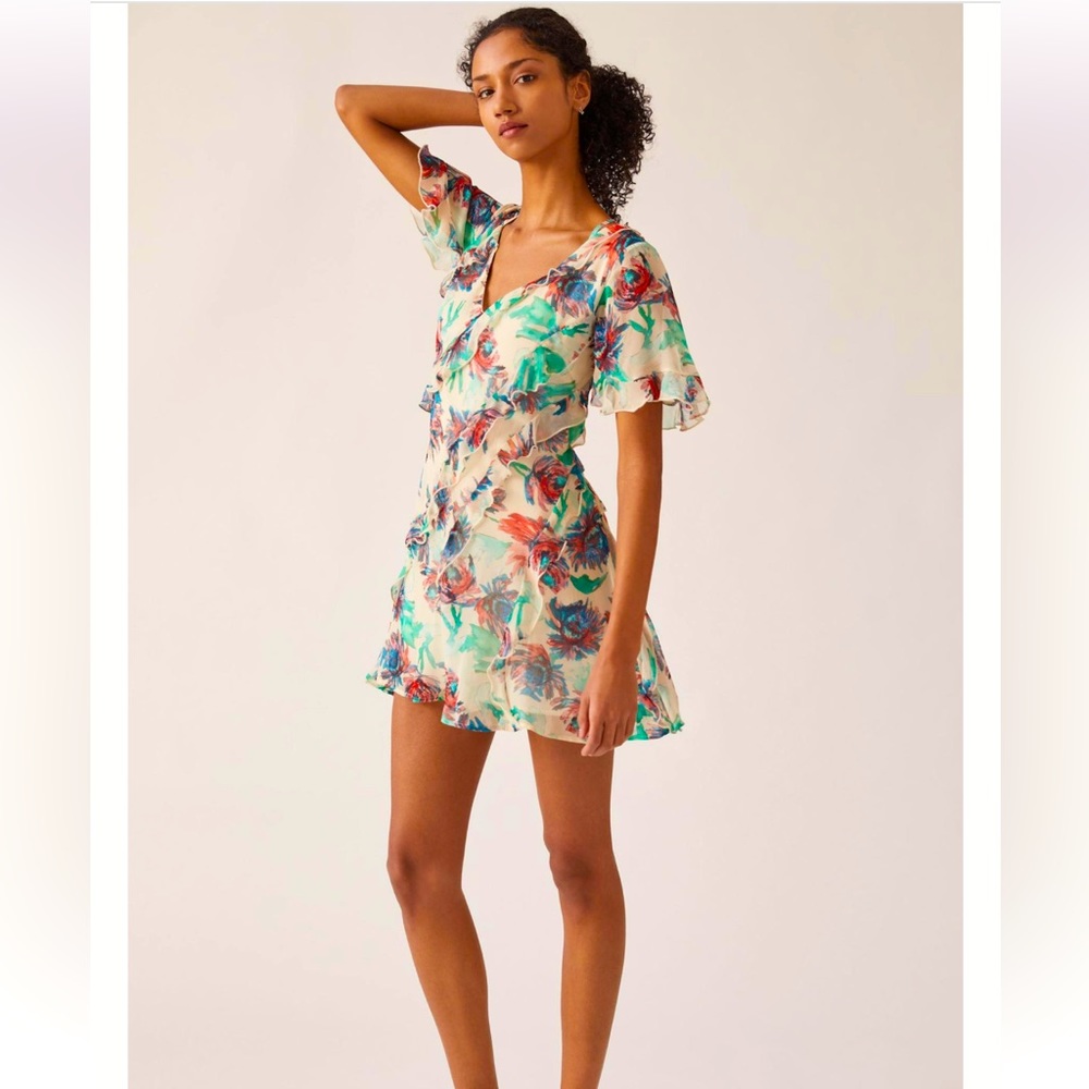 Anthropologie Soft Printed Mini Dress Size S Flutter Sleeves Watercolor Floral